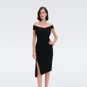 Diane von Furstenberg Lovinia Dress in Black off shoulder midi ruched formal